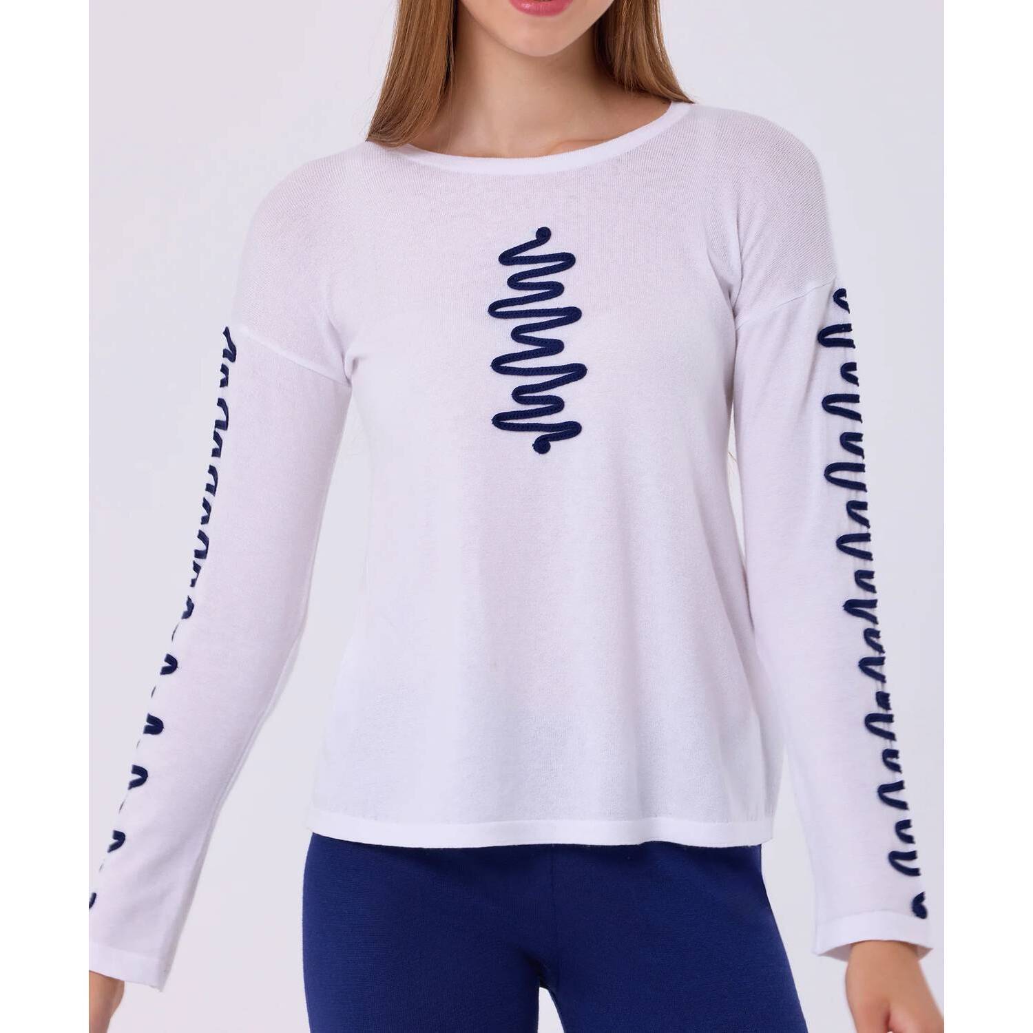 New French Kyss Zig Zag Scoop Neck Top In White/Navy